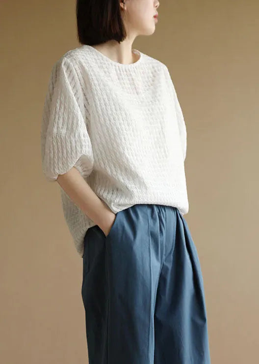 White O-neck Plaid Cotton Blouse Top Half Sleeve