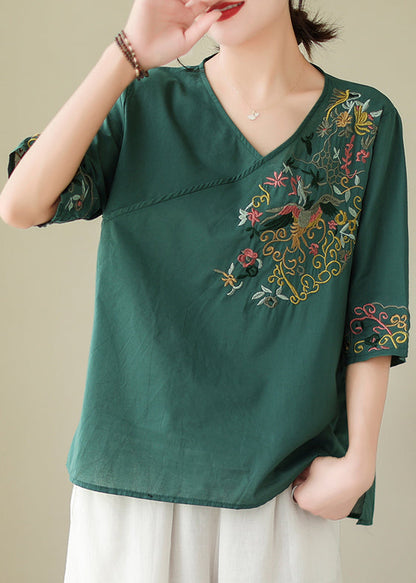 Blackish Green Embroidered Side Open Cotton Blouses Summer