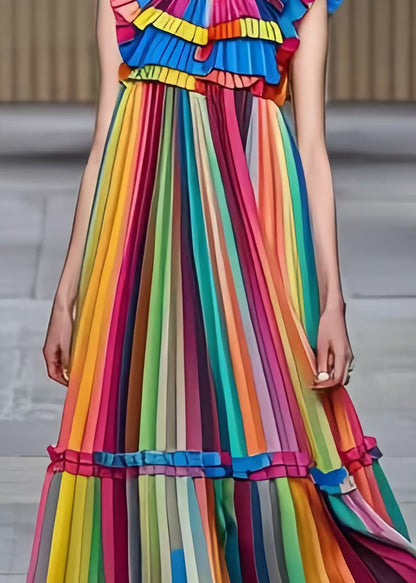 Rainbow Ruffled Striped Chiffon Holiday Pleated Dress Summer