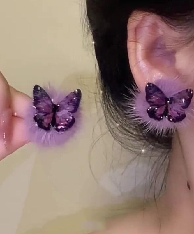 Purple Sterling Silver Overgild Fuzzy Fur Fluffy Butterfly Stud Earrings