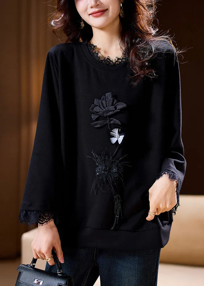 Stylish Black Embroidered Lace Patchwork Sweatshirt Spring
