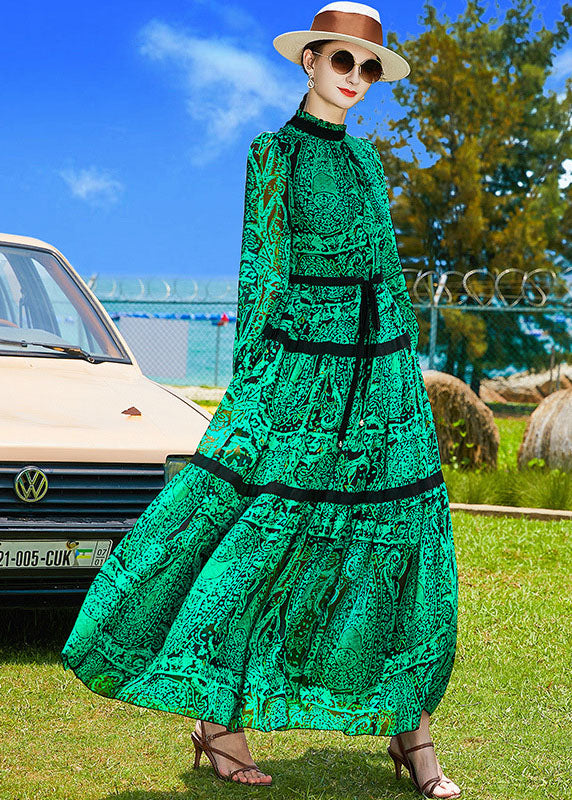 Green Stand Collar Patchwork Print Chiffon Cinch Dresses Spring