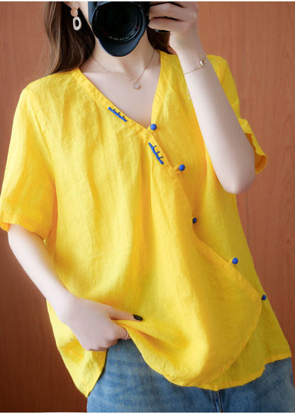 Yellow V Neck Embroideried Cotton Blouses Short Sleeve