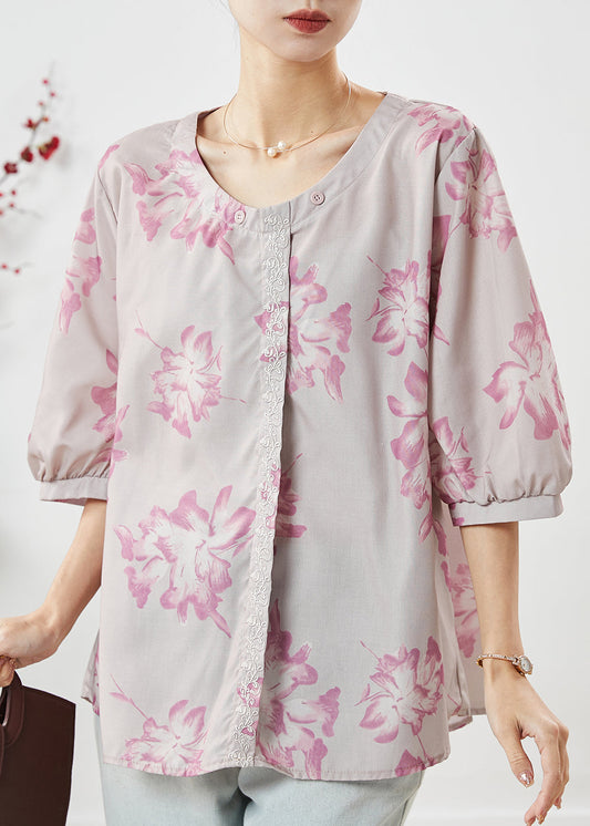 Light Purple Embroidered Print Cotton Shirt Top Spring