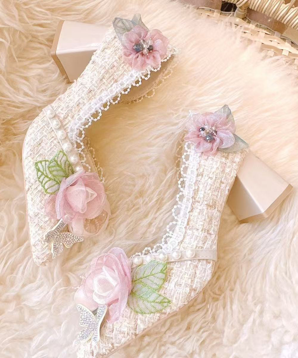 New Pink Flower Nail Bead Pointed Toe Coarse Heels