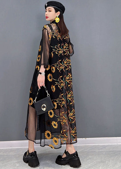 Black Hollow Out Print Tulle Upf 50+ Long Shirt Dress Summer