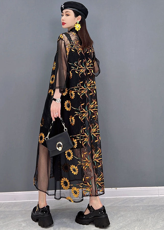 Black Hollow Out Print Tulle Upf 50+ Long Shirt Dress Summer
