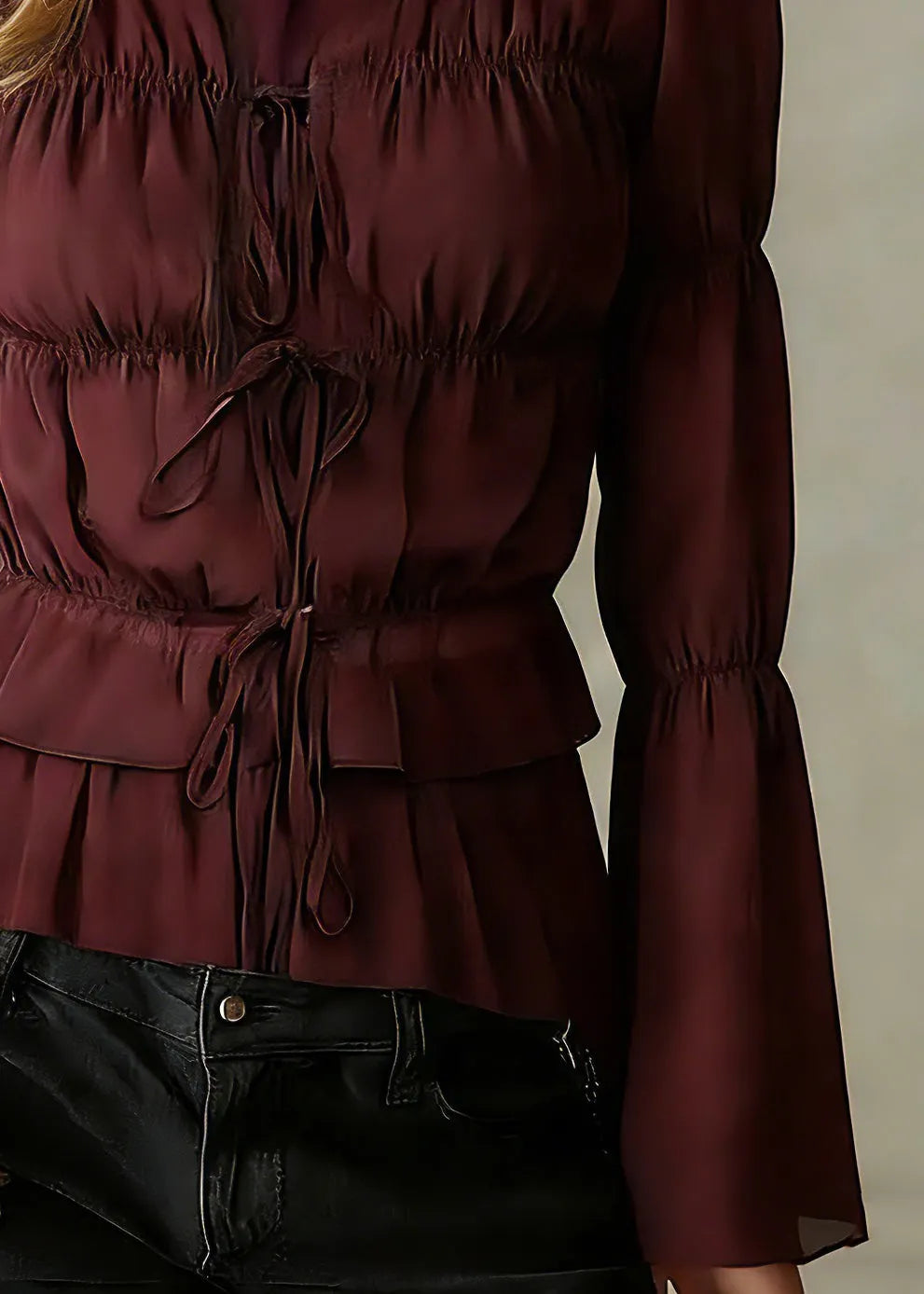 Organic Mulberry Ruffled Cinched Chiffon Shirts Spring