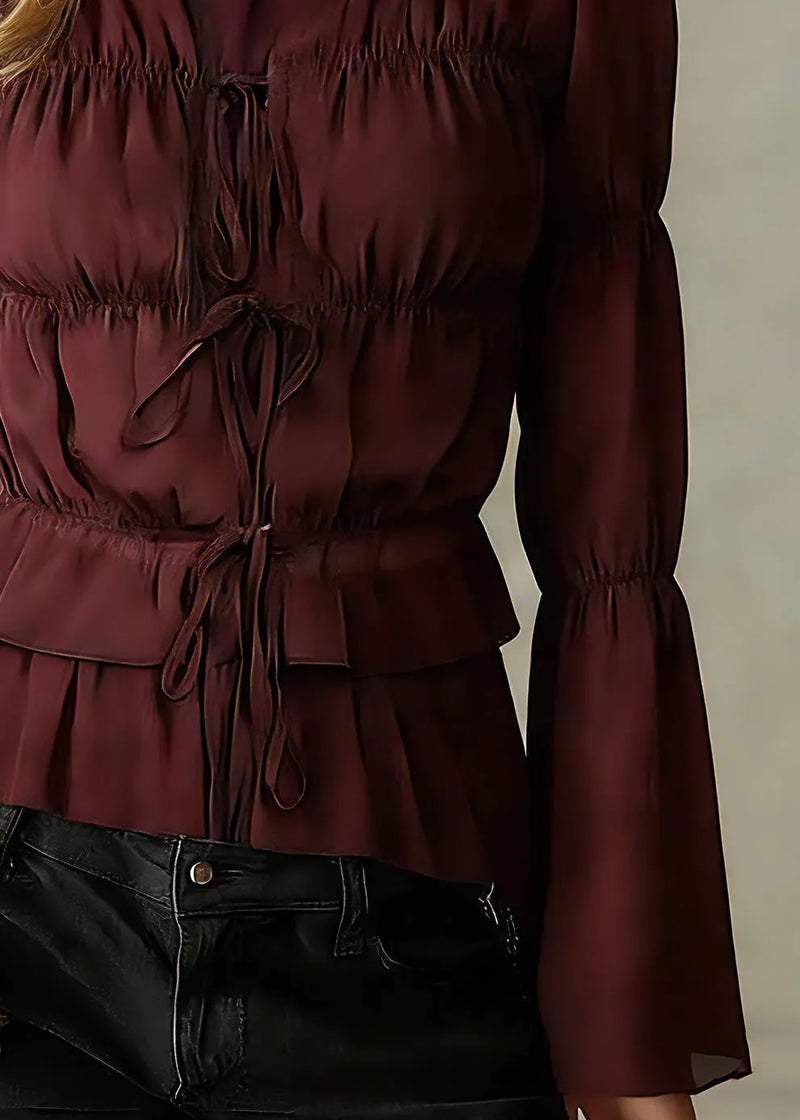 Organic Mulberry Ruffled Cinched Chiffon Shirts Spring