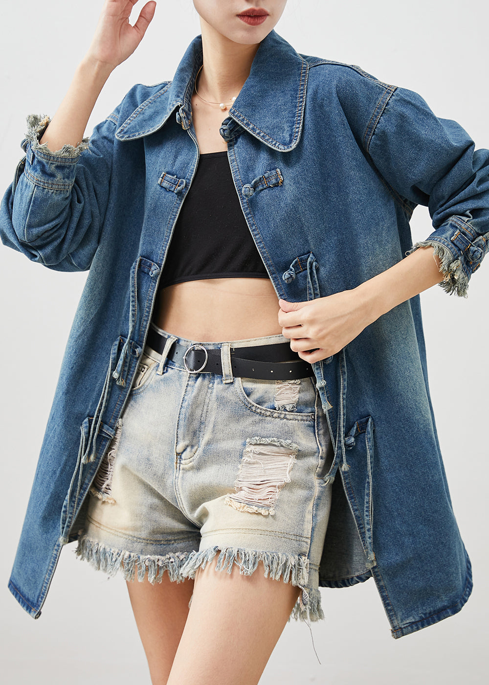 Denim Blue Chinese Button Cotton Coat Outwear Spring