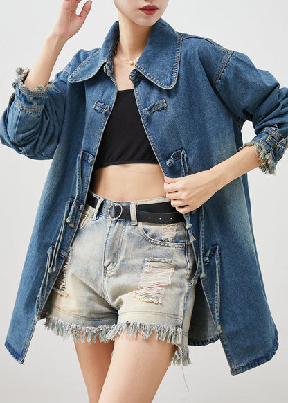 Denim Blue Chinese Button Cotton Coat Outwear Spring