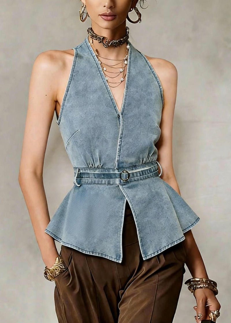 Cold Shoulder Halter Blue Denim Top Sleeveless