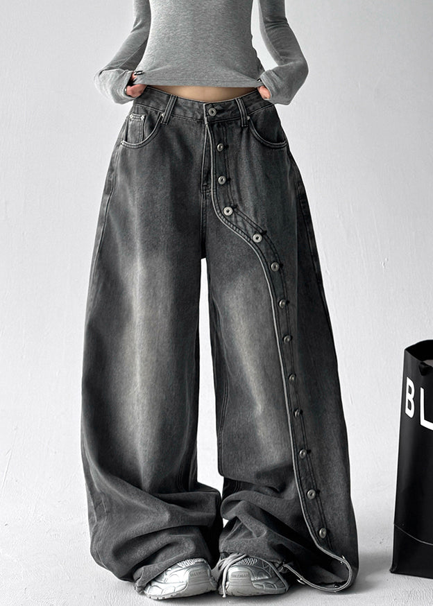 Grey Pockets Rivet Patchwork Denim Wide Leg Pants Fall