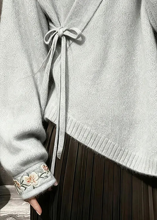Grey Florallace Up Knit Sweaters V Neck Fall