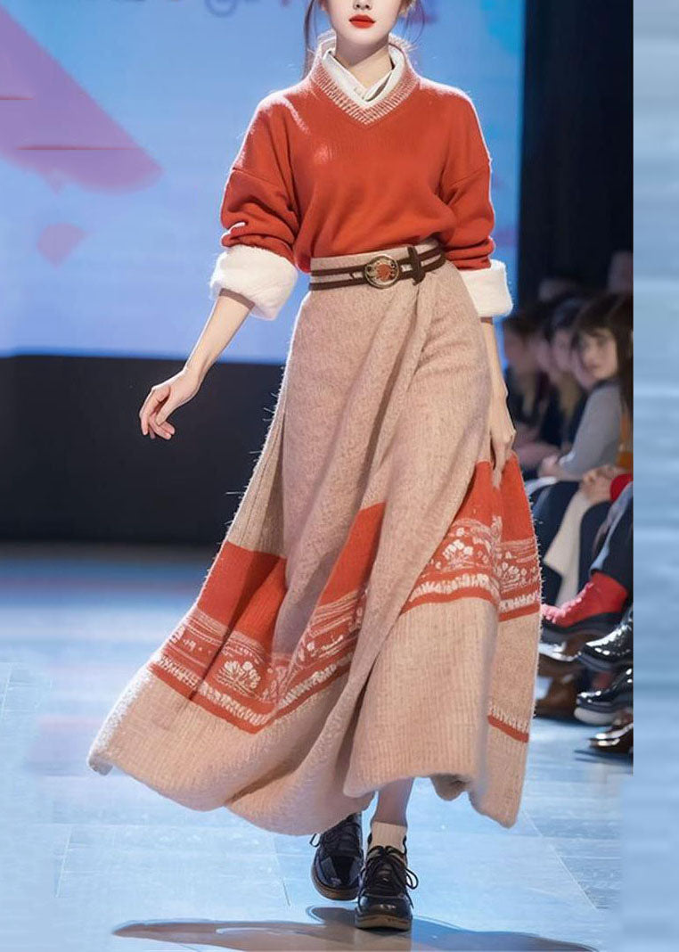 Art Red V Neck Print Cotton Knit Sweaters and Maxi Skirts Two Pieces Set Fall