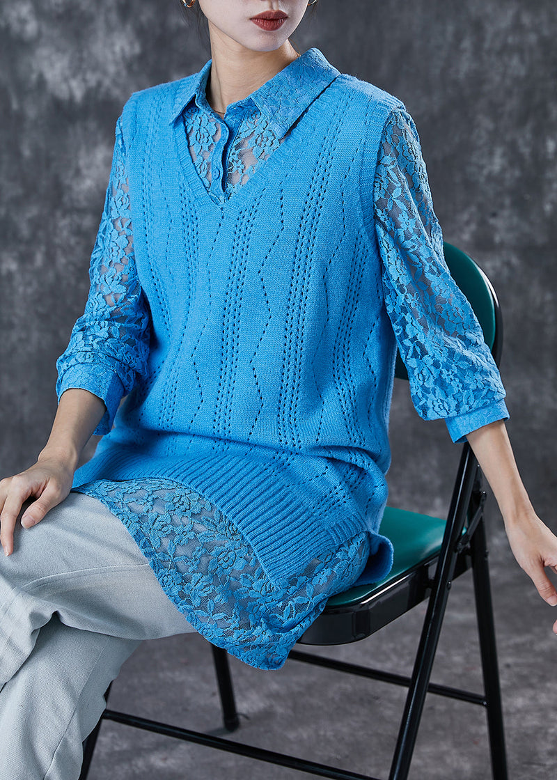 Blue Hollow Out Knit Vest and Lace Shirt Two Piece Set Spring