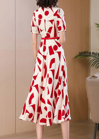 Fitted Red Peter Pan Collar Print Chiffon Dress Summer