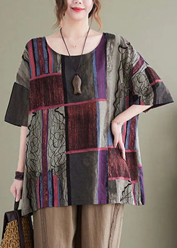 Purple Grey Colorblock Print Cotton Tanks Short Sleeve