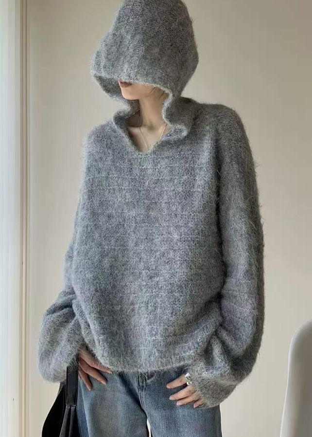 Cozy Grey V Neck Hooded Knit Shirts Spring