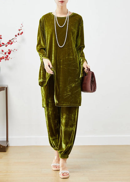 Dull Green Oversized Side Open Silk Velour Two Pieces Set Fall