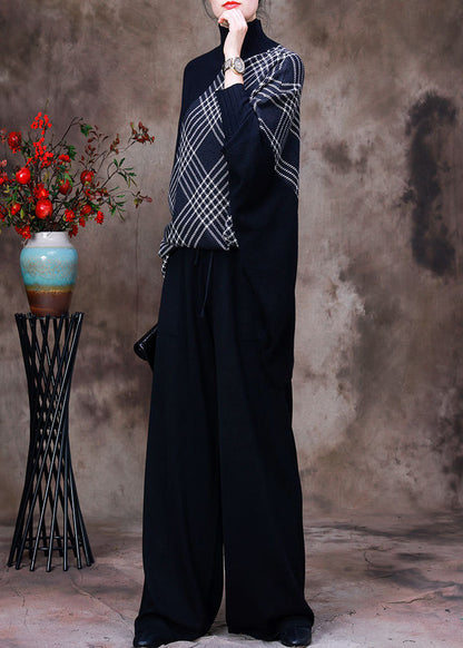 Black Turtleneck Striped Plaid Patchwork Knit Sweaters and Wide Leg Pants Two Piece Set Fall