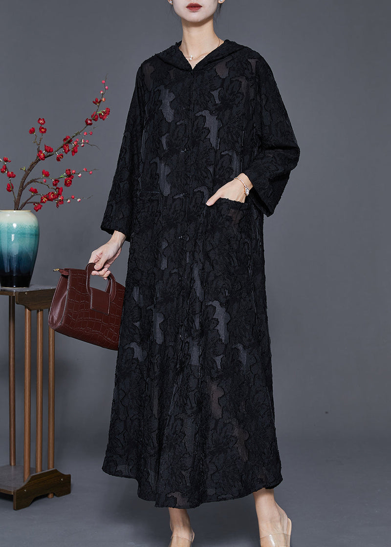 Black Hooded Jacquard Lace Robe Dresses Spring