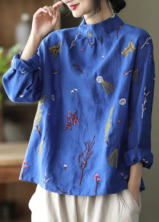 Stylish Gray Flower Embroidered Retro Linen Blouse Tops Spring