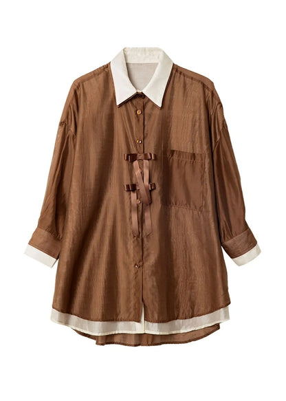 Style Coffee False Two Pieces Patchwork Chiffon Top Fall