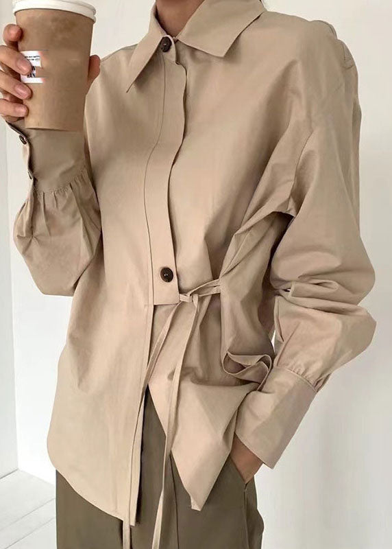 Khaki Patchwork Button Tie Waist Shirt Long Sleeve