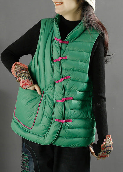 Art Green Pockets Oriental Duck Down Filled Vest Winter