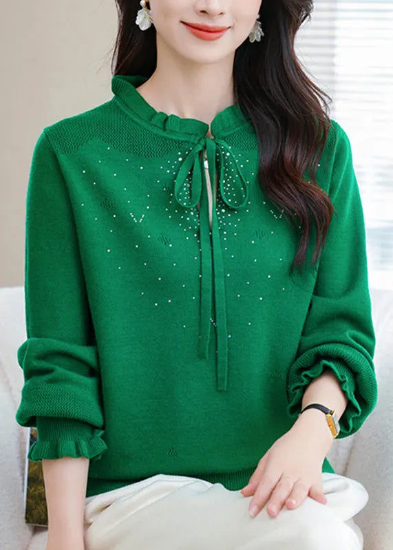 Natural Coffee Ruffled Tie Lace Thick Cotton Knit Sweater Puff Sleeve