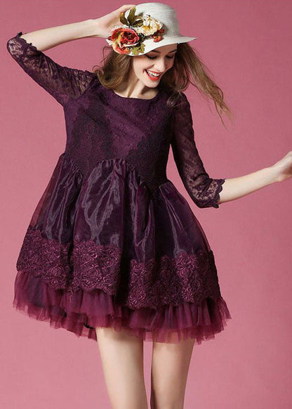Dark Purple Embroideried Lace Patchwork Organza Mini Dresses Summer