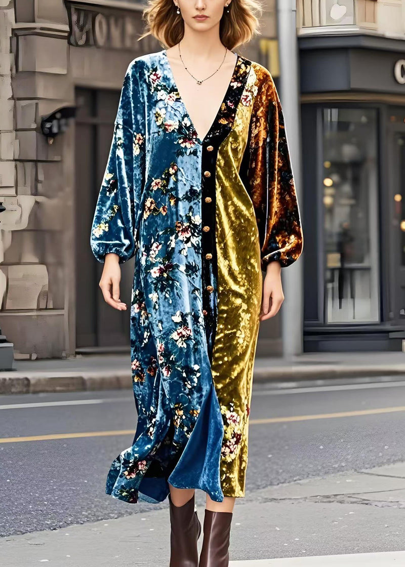 Colorblock V Neck Patchwork Golden Button Silk Velour Dresses Spring