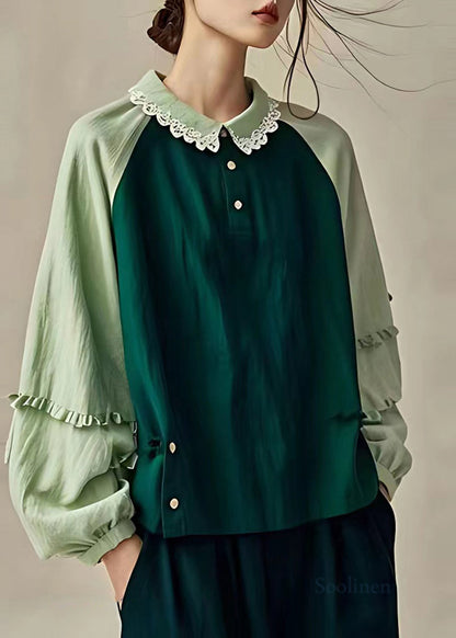 Dull Green Oversized Patchwork Linen Shirts Spring