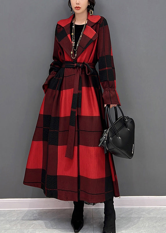 Red Notched Plaid Tie Waist Long Coats Fall