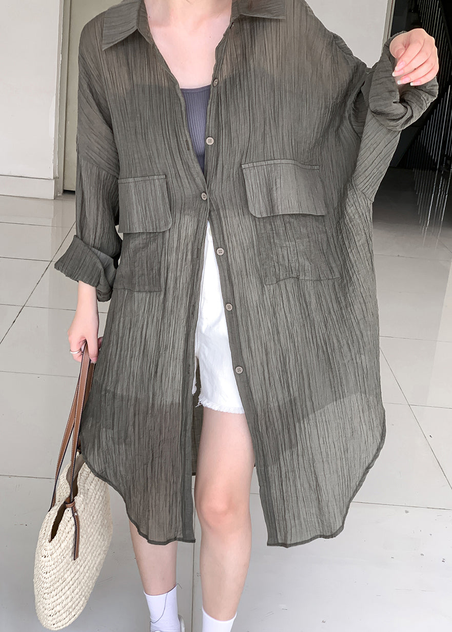 Army Green Button Patchwork Cotton Long Top Fall