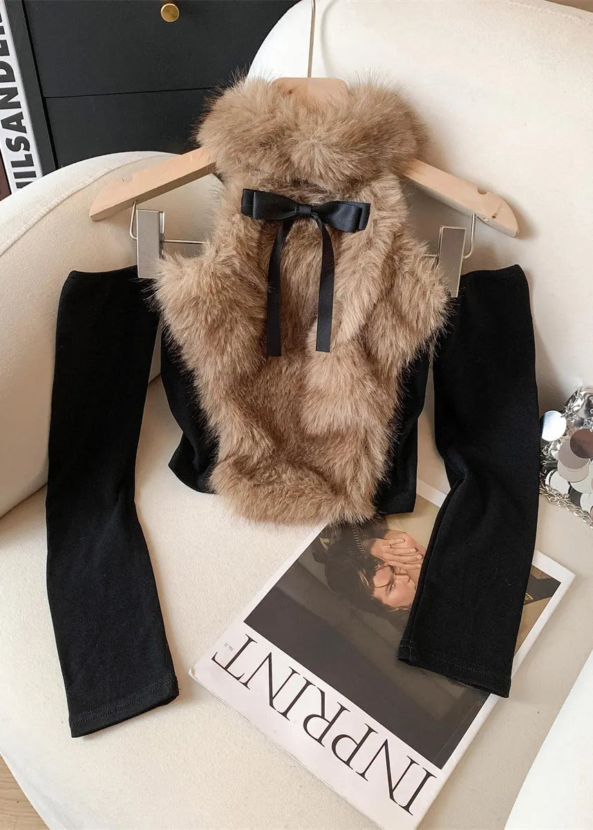 Style Blue Fur Patchwork Long Sleeved Top