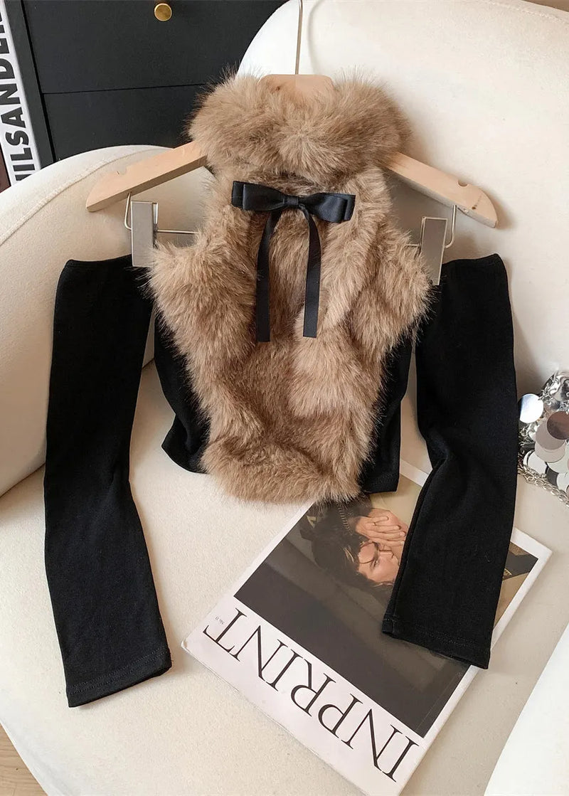 Style Blue Fur Patchwork Long Sleeved Top