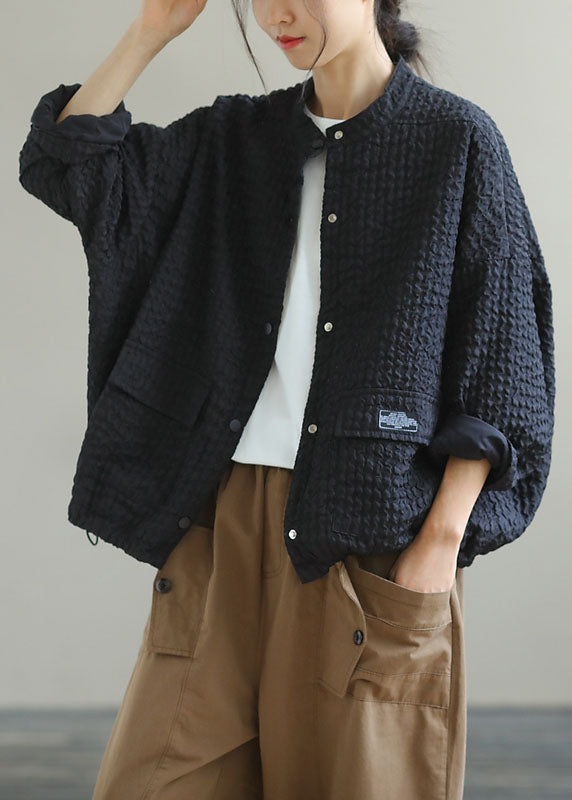 Boutique Black Stand Collar Pockets Button Drawstring Fall Coats Long Sleeve