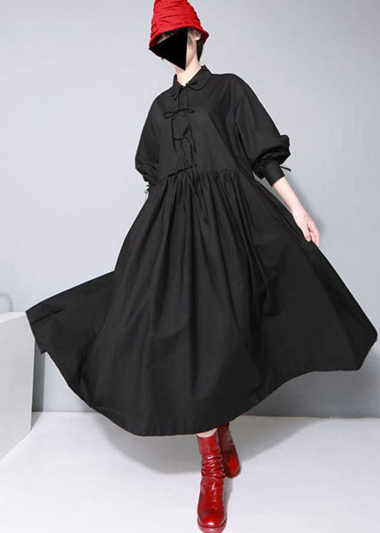 Black Cinched Bow Peter Pan Collar Shirt Dresses Spring