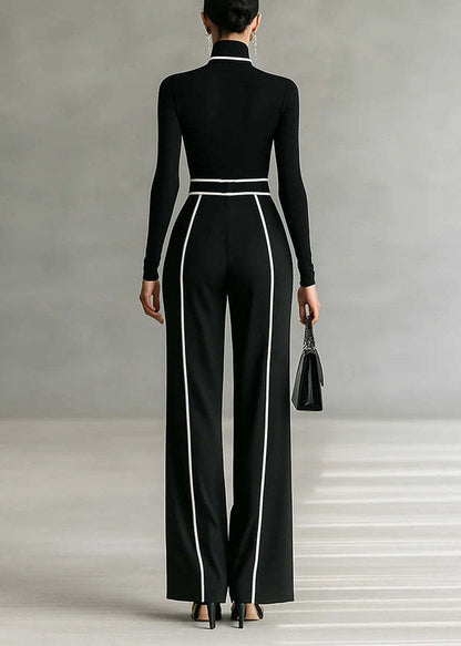 Italian Black Hign Neck Top and Pants Cotton Sets 2 Pieces Spring
