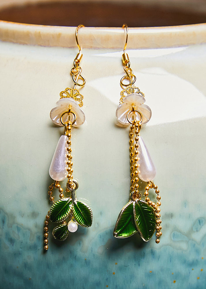 Water Droplet Pearl Green Leaf Drop Earrings