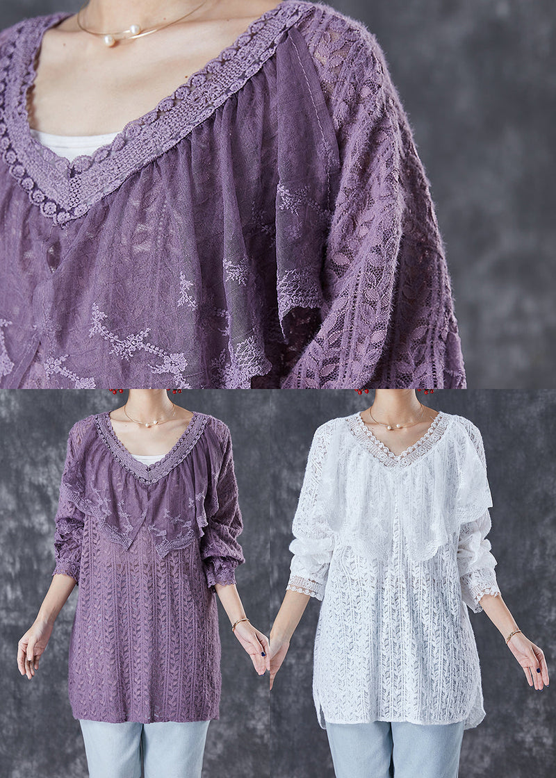 Purple V Neck Patchwork Lace Shirts Fall