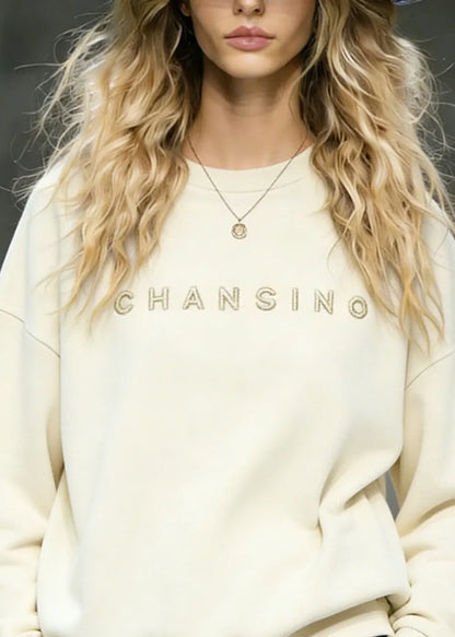 Beige O-neck Embroidered Cotton Top Spring