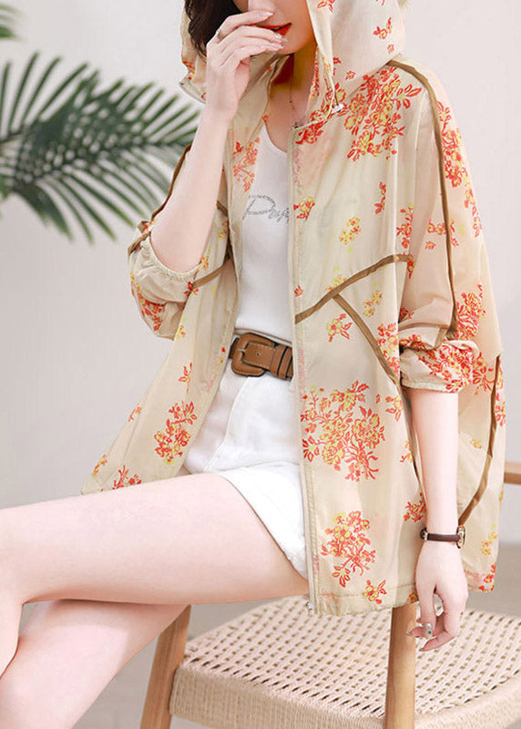 Beige Print Pockets Hoodie Upf 50+ Coat Jacket Spring