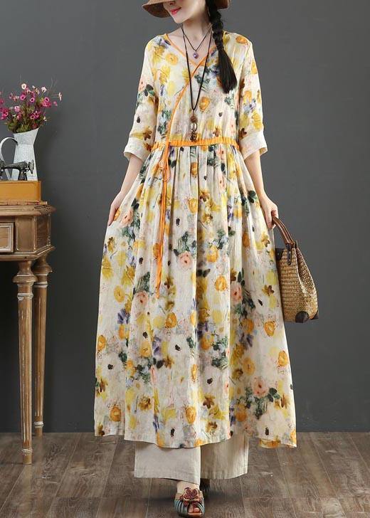 Yellow Print Linen Dress V Necktie Waist Summer Robe Dresses