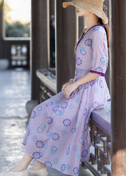 Purple V Neck Print Patchwork Wrinkled Cotton Dress Two Pieces Set Summer