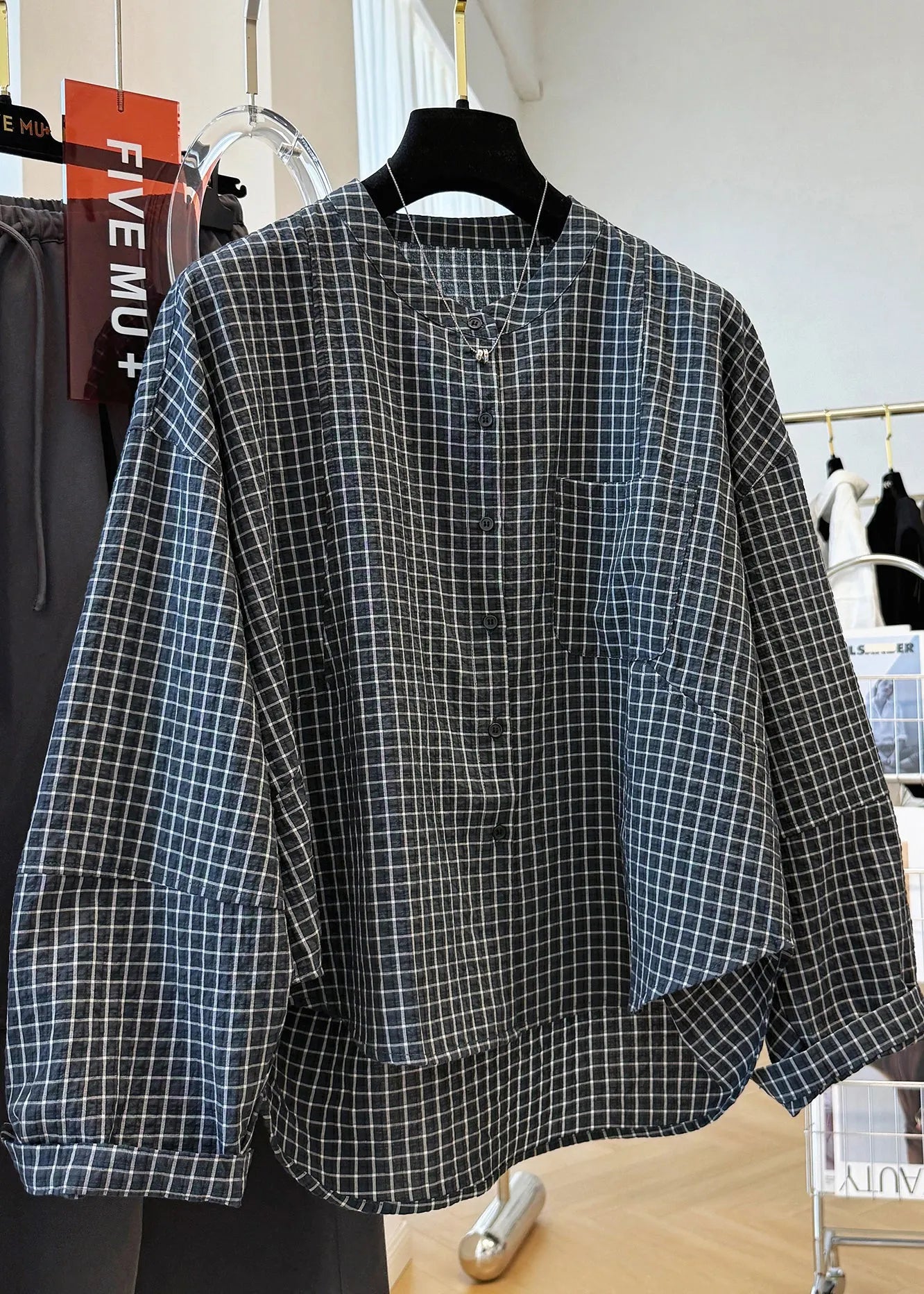 Black Plaid Stand Collar Pockets Cotton Shirt Top Fall