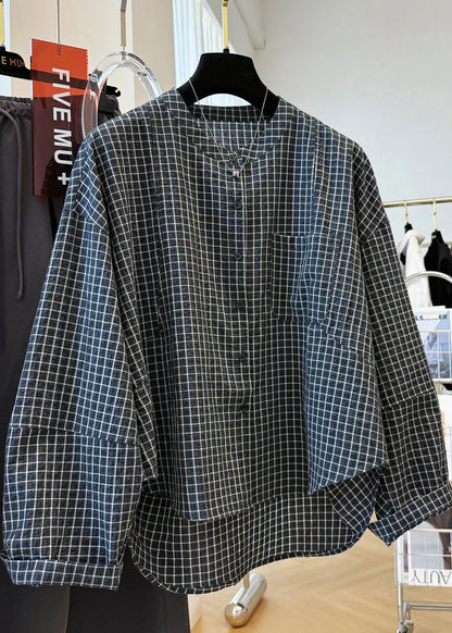 Black Plaid Stand Collar Pockets Cotton Shirt Top Fall