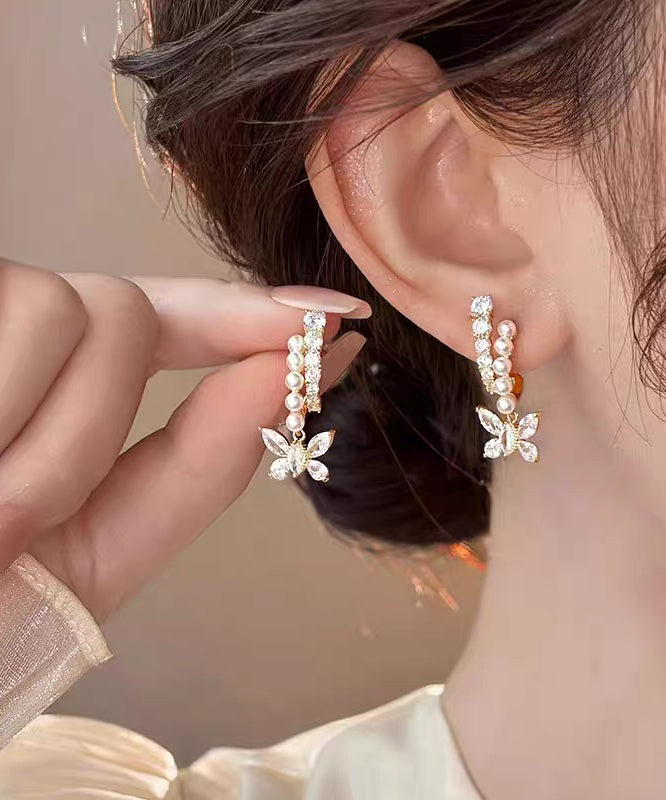 Gold Copper Overgild Zircon Pearl Butterfly Hoop Earrings